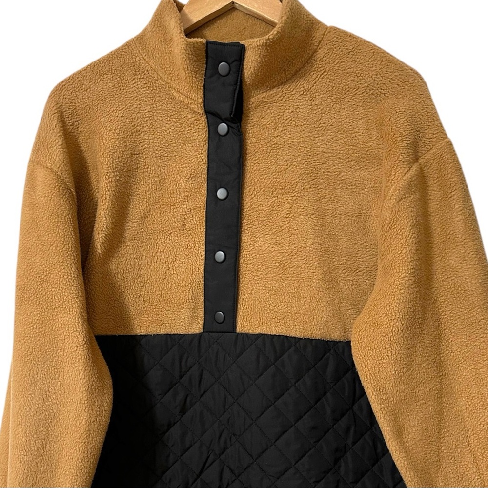 J Crew Factory Quilted Black and Tan Sherpa 1/4 Snap Neckline Pull Over Top - Picture 11 of 12